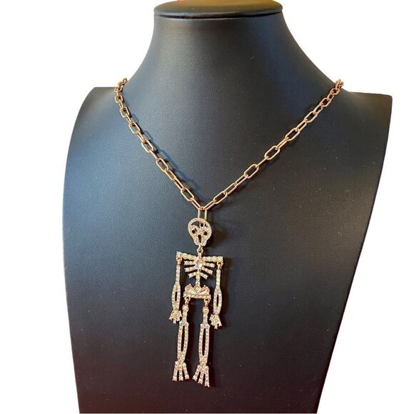 Piper K Rhinestone & Pave Crystal Skelton Pendant on extra long gold toned chain - Picture 4 of 7